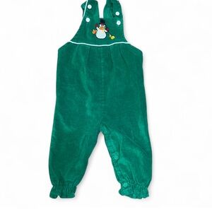 Sears Vintage Green corduroy Infant Overalls with snowman embroidered patch